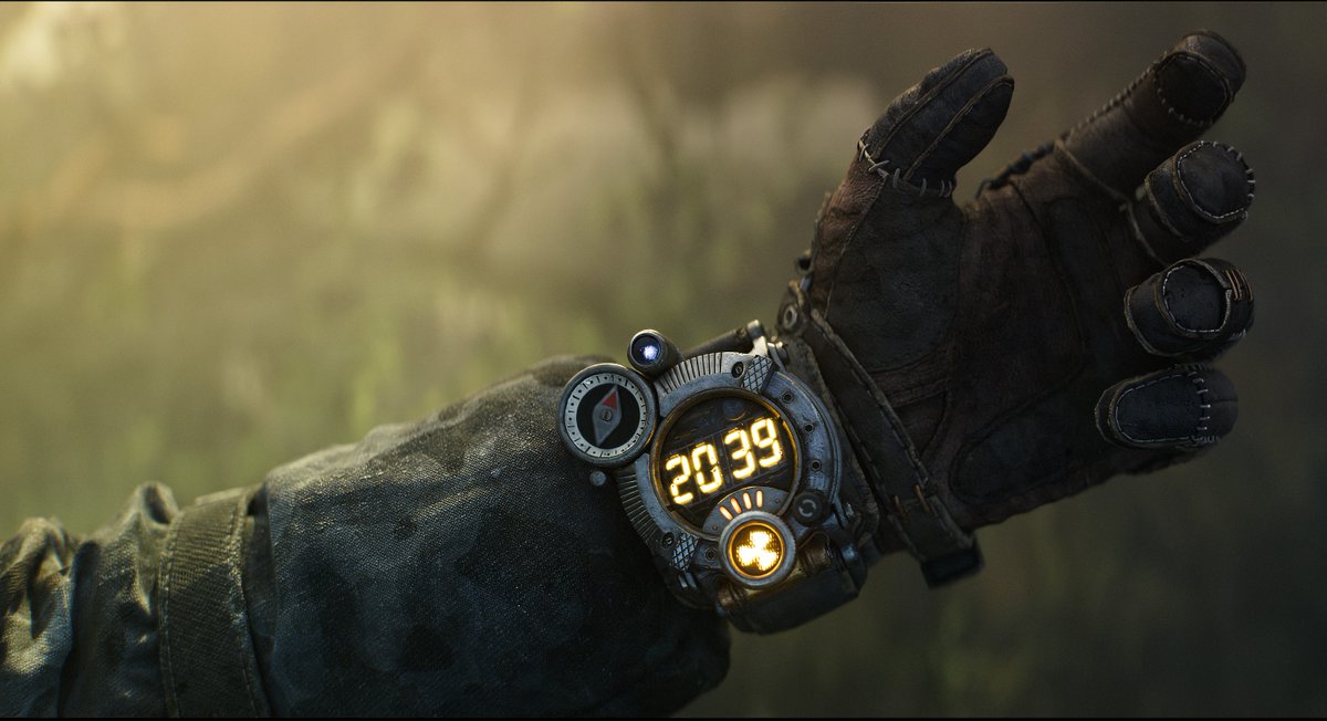 A close-up of a gloved hand wearing a futuristic digital watch displaying '2039' in orange numerals, featuring compass and medical cross symbols, set against a misty forest background.