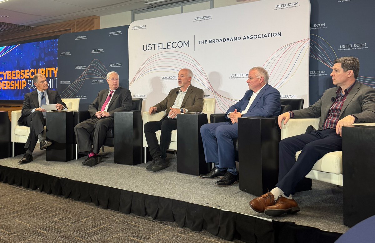 USTelecom's tweet photo. At our Cybersecurity Leadership Summit, communications providers joined together to chat threats, challenges and what it takes to keep networks secure. Thanks to @ONCD Sean Cairncross &amp; experts from @ATTPublicPolicy, @TMobile, @lumentechco &amp; @Verizon! https://t.co/26RvjRaJgY