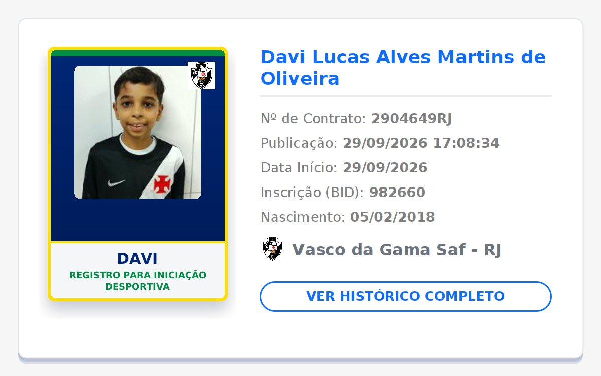 biddovasco's tweet photo. NOVO REGISTRO NO BID! 📝 GIGANTE DA COLINA! 💢⚪⚫

👤 Nome: Davi
🎂 Nasc.: 05/02/2018
📄 Tipo: Registro para iniciação desportiva
📅 Início: 29/09/2026
🏁 Fim: 31/12/2026

Publicado em: 2026-09-29 17:08:34

#Vasco #VascodaGama #GiganteDaColina https://t.co/CU947BbF5g