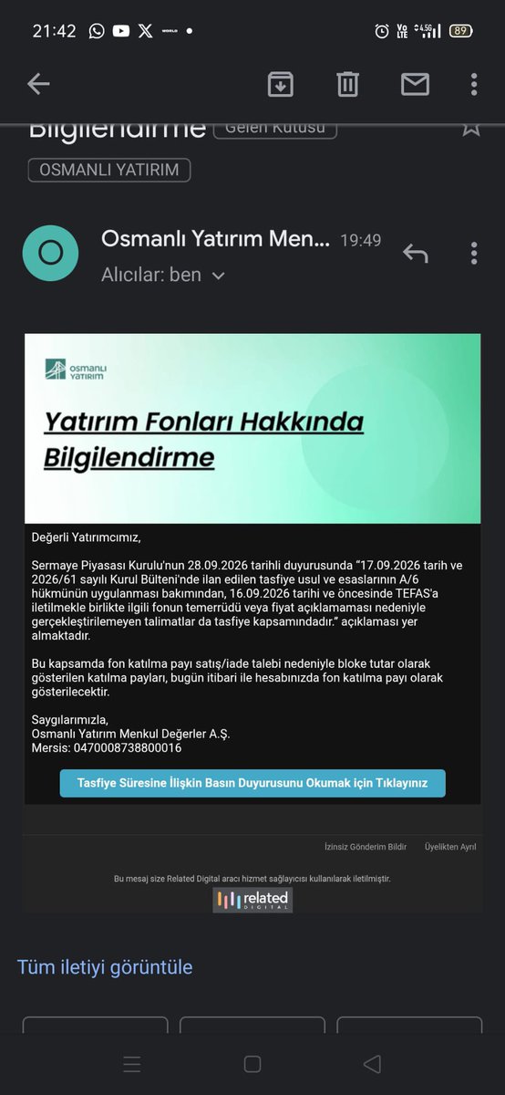 Enderdmgl's tweet photo. @hukukcudoktor Hocam bugün Osmanlı müşteri temsilcim herkes tasfiyede bize gelen bilgi bu dedi sizin de  bilginiz olsun diye bilgi verdi ve akşam bu şekilde mail geldi herkes tasfiyede galiba pblk yok https://t.co/CSUF3ZUU3c