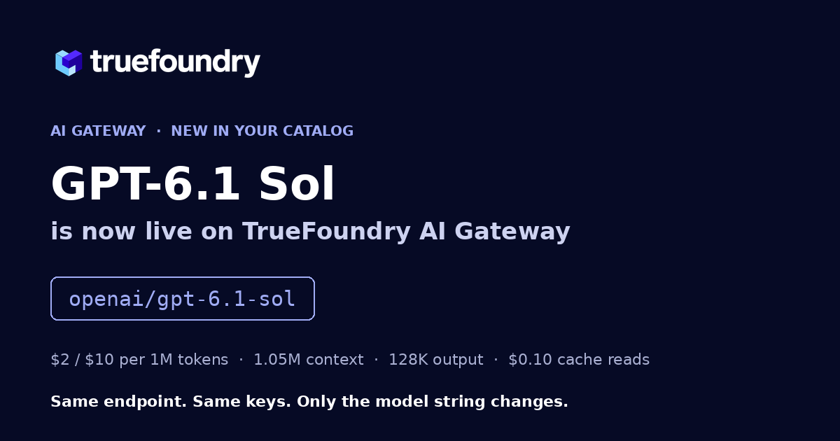 truefoundry's tweet photo. GPT-6.1 Sol is live on TrueFoundry AI Gateway.  $2 / $10 per 1M tokens, one-fifth of GPT-6 Astra's list price, with cache reads at $0.10 (half of GPT-6 Sol).  Model string: openai/gpt-6.1-sol. Same endpoint, same keys. https://t.co/c0OGzcihRs