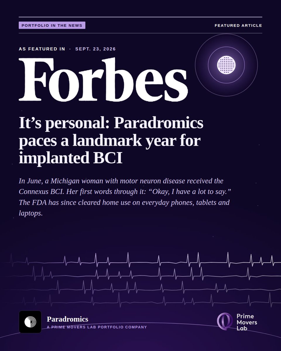 PrimeMoversLab's tweet photo. "Okay, I have a lot to say."

Those were the first words a Michigan woman with motor neuron disease spoke through @Paradromics' Connexus BCI. @Forbes calls it a landmark year for the company and the implanted brain-computer interfaces. 🔗 https://t.co/UawYtRYdKU https://t.co/GZmMK98KVi