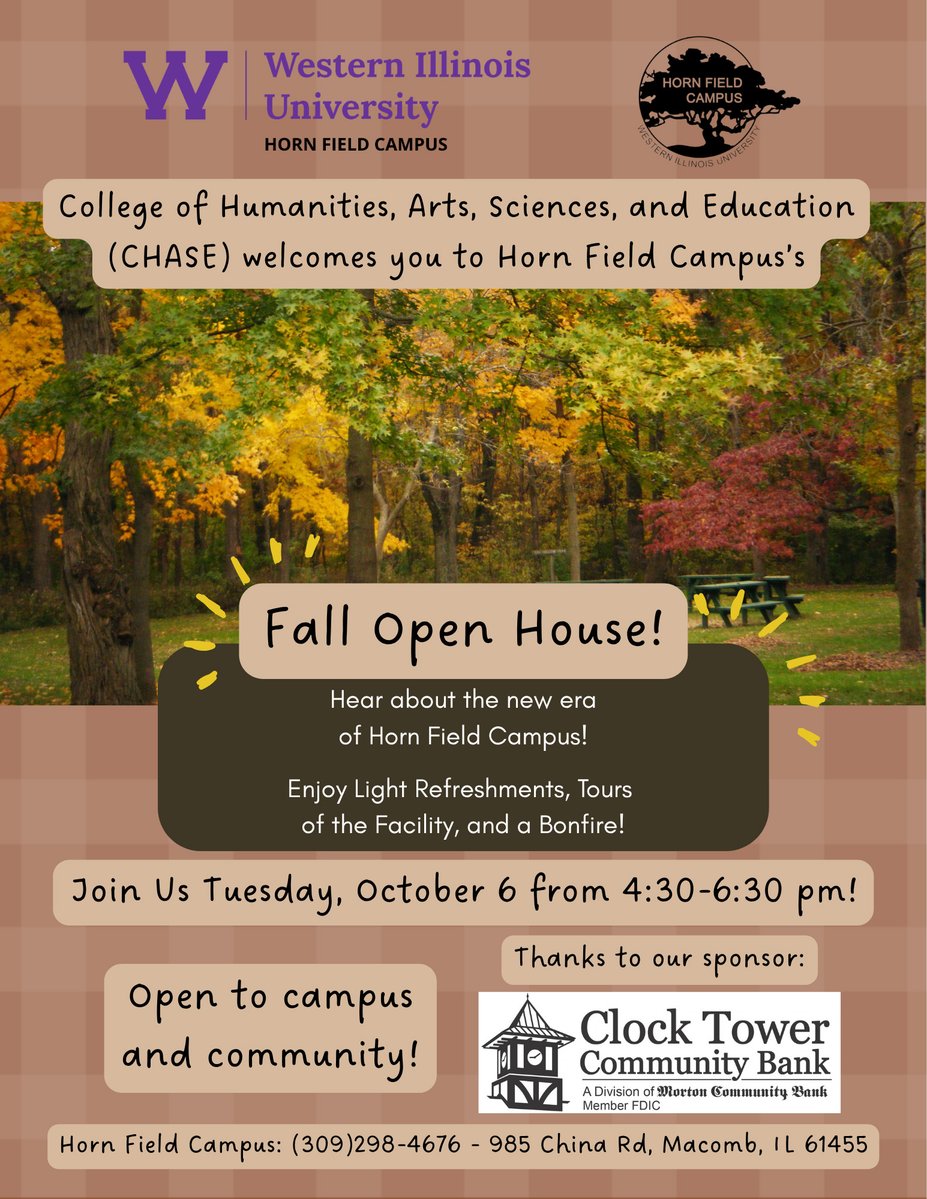 WesternILUniv's tweet photo. Explore WIU’s Horn Field Campus at our Open House from 4:30-6:30 p.m. Tuesday, Oct. 6.

This event is open to the entire community. Enjoy guided facility tours, light refreshments, and a bonfire.

🔗Read more: https://t.co/M2wqTF42ki https://t.co/s03c1uafCo