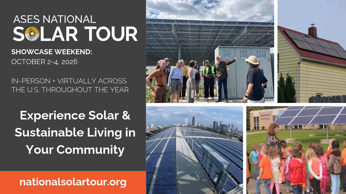 ASES_Solar's tweet photo. The National Solar Tour Showcase Weekend starts on Friday!

The National Solar Tour is made possible with support from platinum sponsor @IncFranklinwh, along with additional sponsors, @ExactSolar &amp; @Belmont_Solar .

Learn more &amp; RSVP at https://t.co/DUFaNO5dsm! https://t.co/zI96PEItIp