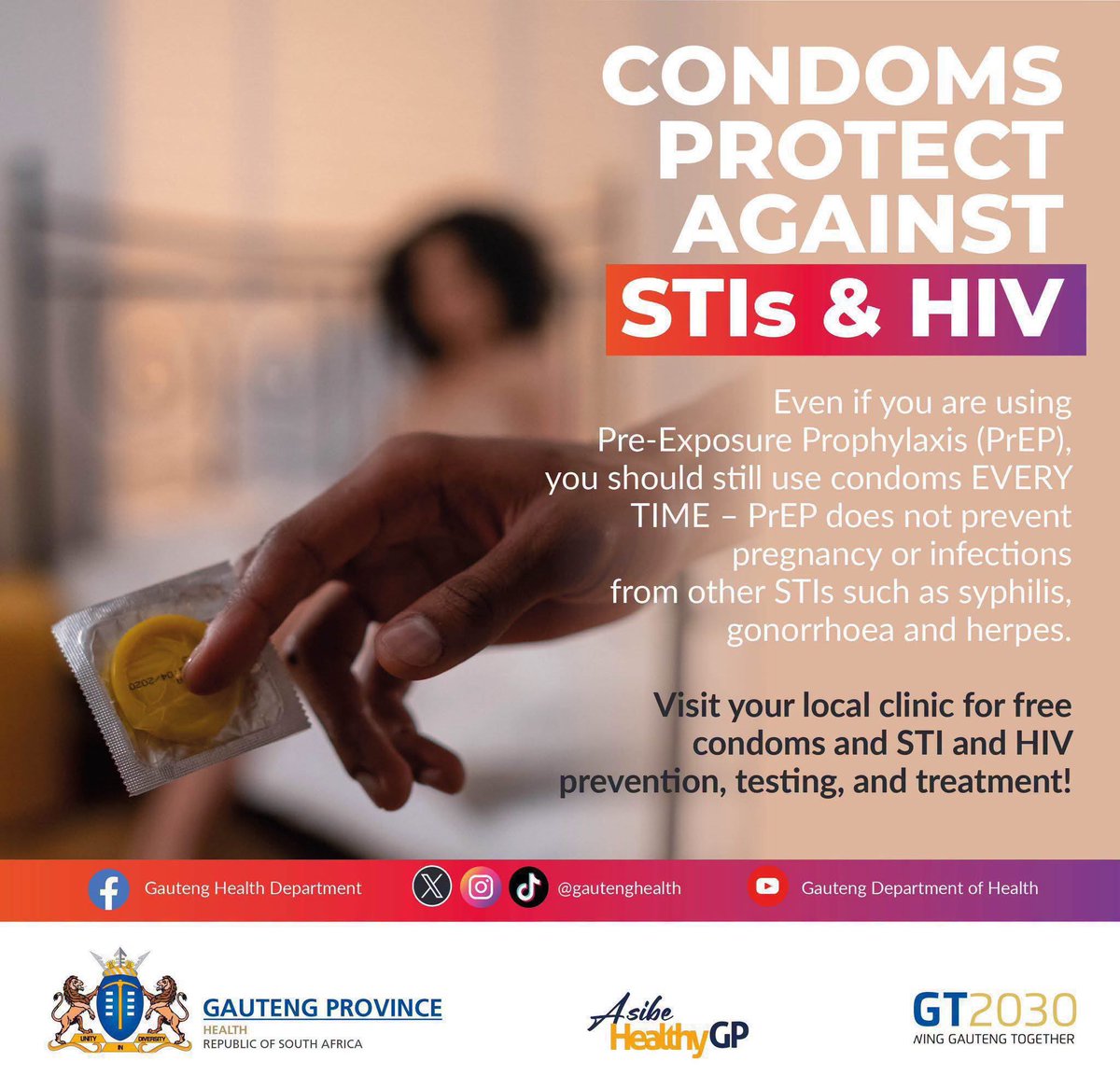 SedibengHealth's tweet photo. Reduce the risk of HIV infection by taking PreExposure Prophylaxis (PrEP). Remember, using a condom is still the best way to prevent STI infection and unwanted pregnancy
#SaferSex #AsibeHealthyGP #STIs https://t.co/qhHfE3EM5G