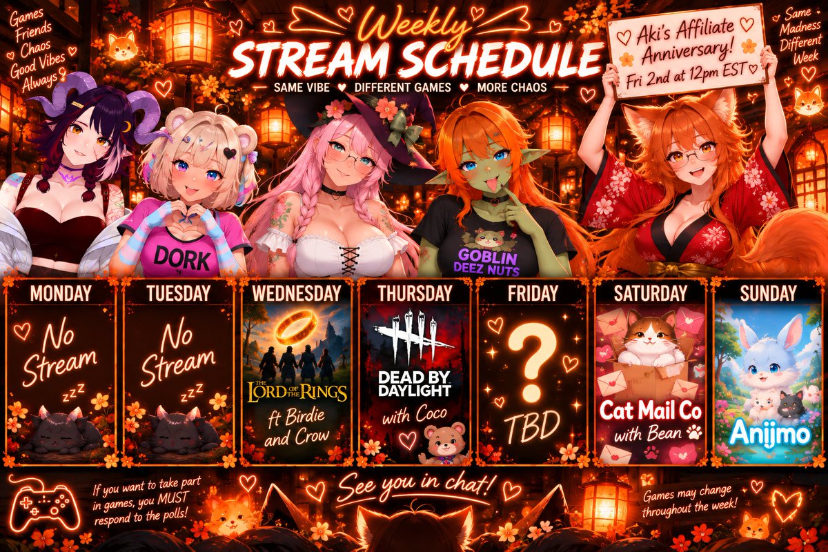 SatanicRosie's tweet photo. This week's stream schedule! 
Featuring friends like @BeanofETG @CocoEversnow 
@TheVVBirdie 
You also need to check out my dear friend @akira_san4 who is hosting her 3 year Affiliate Anniversary this Friday!! https://t.co/PiviCrwacd