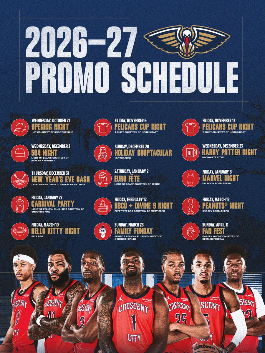 PelicansNBA's tweet photo. Explore the #Pelicans 2026-27 promotional schedule, including giveaways, theme nights, special events and more at the @SmoothieKingCtr!

🏀: https://t.co/YUCB8lvLts https://t.co/qxdwbXKWPU