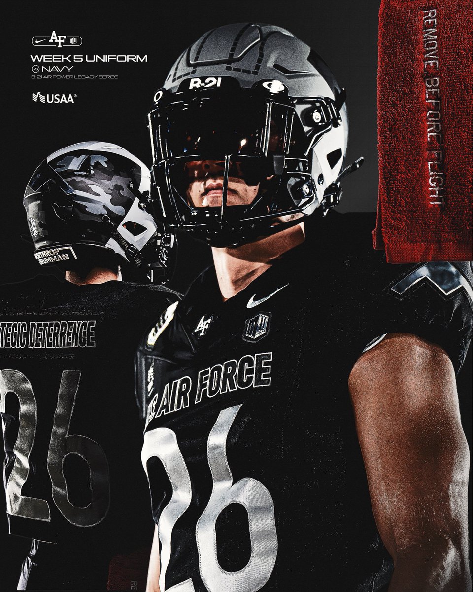 AF_Football's tweet photo. It’s 𝗕𝗘𝗔𝗧 𝗡𝗔𝗩𝗬 Week 🔜 ⚫️⚪️🔴

#FlyFightWin | @USAA https://t.co/l3dECGlYiC