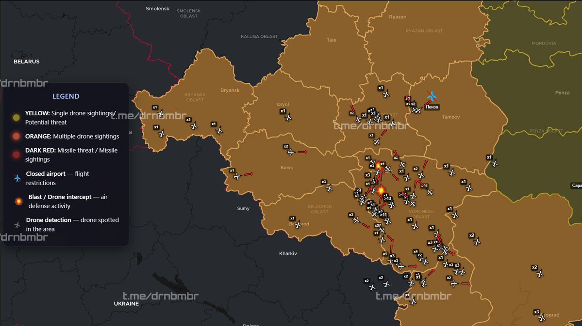 DrnBmbr's tweet photo. 23:20 | Air Situation over the Swamps 👀

Things are definitely not light tonight — according to Russian monitoring estimates, there may be up to 500 little birds in the air.

The most intense activity is currently over Voronezh Oblast, where a huge number of groups have spread across almost the entire region. Some have already moved farther north toward Lipetsk and Tambov, where new detections are also appearing.

Activity remains high over Bryansk Oblast, with separate groups over Kursk and Oryol Oblasts. In the south, there are also many little birds over the sea near Crimea, with some continuing farther along the Black Sea direction.

In short, the map is looking much livelier tonight — up to 500 UAVs, with the main mass gradually spreading deeper into the swamps 👀

Data is based on Russian monitoring resources. The map does not show the full picture — some UAVs may be outside the monitoring resources’ field of view.