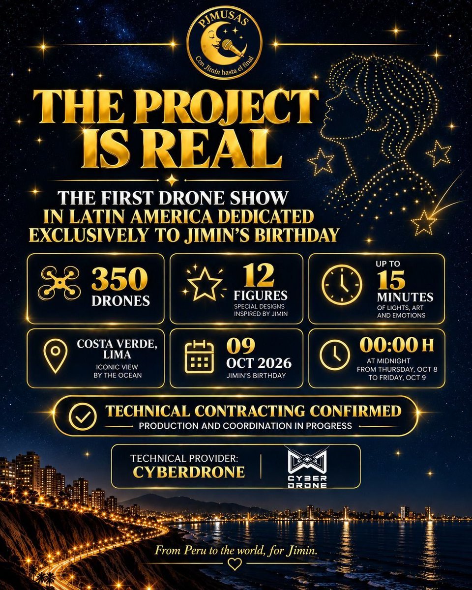 JIMIN_RECORD13's tweet photo. JIMIN BIRTHDAY DRONE SHOW IN PERU 🇵🇪💛✨

Thank you so much for making this happen, @Pjmusas_Events! 🙇‍♀️💛

From sharing the excitement and encouraging one another, to lending a helping hand—and especially to everyone who has spent so much time planning, preparing, and organizing this event—thank you from the bottom of our hearts.

It’s finally happening, and we’re almost there! 🥹✨

It’s so exciting and amazing to see everyone come together to make this beautiful project for Jimin a reality. 💛🌌