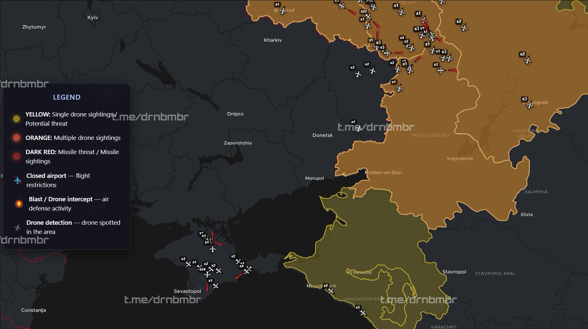 DrnBmbr's tweet photo. 23:20 | Air Situation over the Swamps 👀

Things are definitely not light tonight — according to Russian monitoring estimates, there may be up to 500 little birds in the air.

The most intense activity is currently over Voronezh Oblast, where a huge number of groups have spread across almost the entire region. Some have already moved farther north toward Lipetsk and Tambov, where new detections are also appearing.

Activity remains high over Bryansk Oblast, with separate groups over Kursk and Oryol Oblasts. In the south, there are also many little birds over the sea near Crimea, with some continuing farther along the Black Sea direction.

In short, the map is looking much livelier tonight — up to 500 UAVs, with the main mass gradually spreading deeper into the swamps 👀

Data is based on Russian monitoring resources. The map does not show the full picture — some UAVs may be outside the monitoring resources’ field of view.