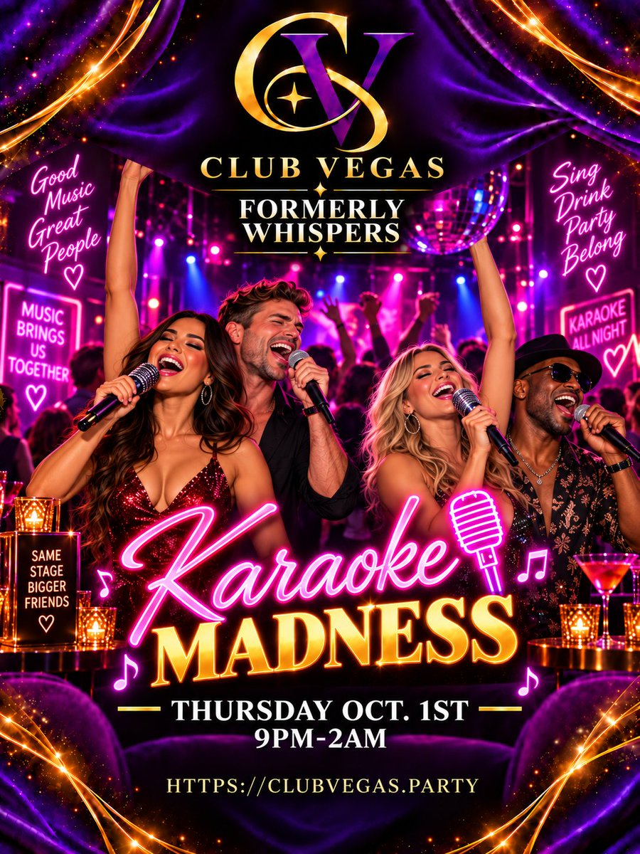 ClubVegasLS's tweet photo. 🎤 YOUR NEXT DUET STARTS HERE. 💜

Karaoke Madness at Club Vegas • Formerly Whispers
Thursday, Oct. 1 | 9PM–2AM

Bring your voice. Find your duet partner. Going? Tell us below!

RSVP: https://t.co/L4FyjOF79v
#ClubVegas #KaraokeMadness https://t.co/LjiGTRyRMZ