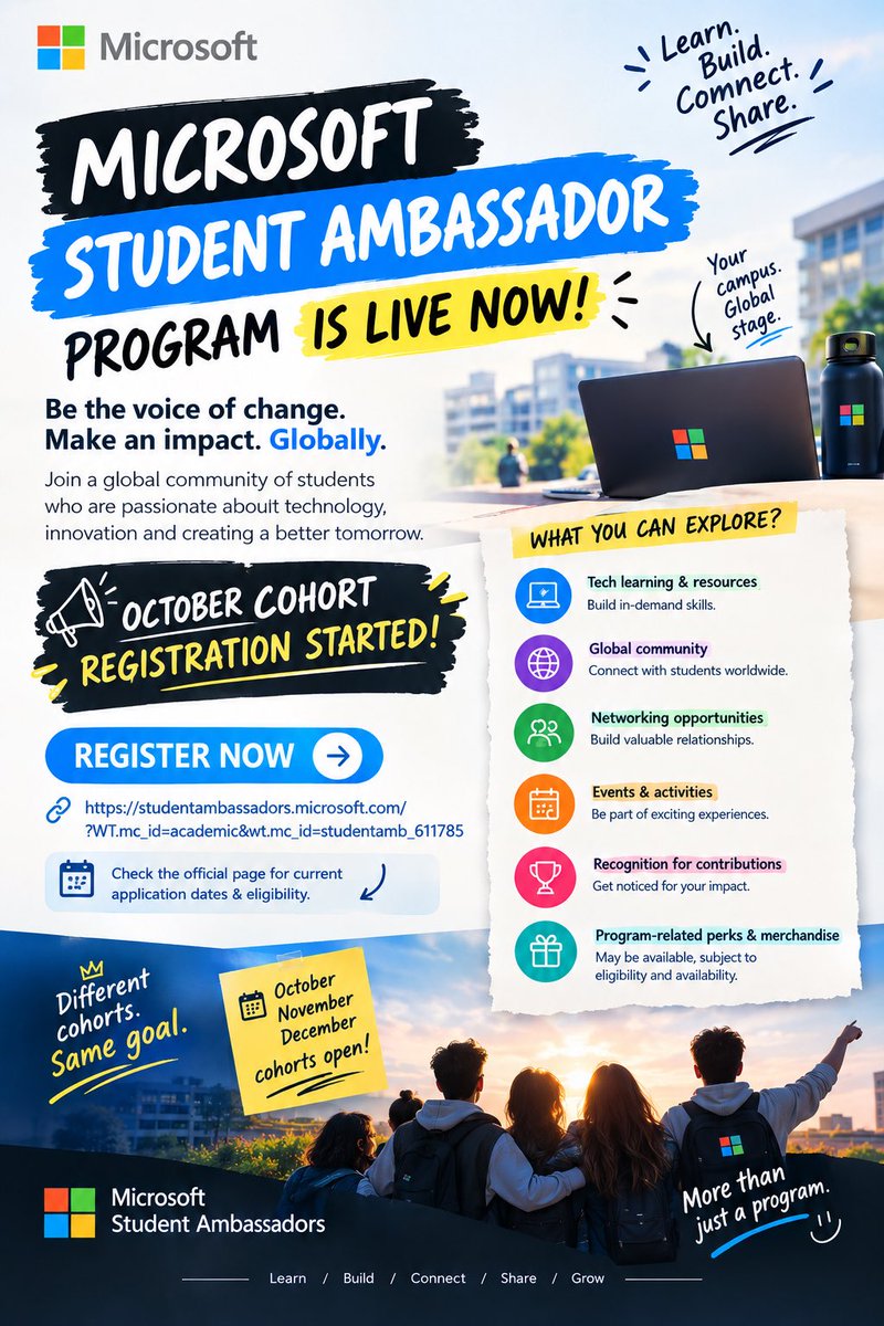 oyeewK's tweet photo. 🚨 Microsoft Student Ambassador Program is LIVE NOW!

🎓 October cohort registration has started!

🏆 Recognition
🎁 Potential program perks

🔗 Register/apply:
https://t.co/gPINSo36aB

⏳ Don’t wait—check eligibility &amp; apply!

#Microsoft #MSA #StudentsInTech https://t.co/gLkxy4rTkK