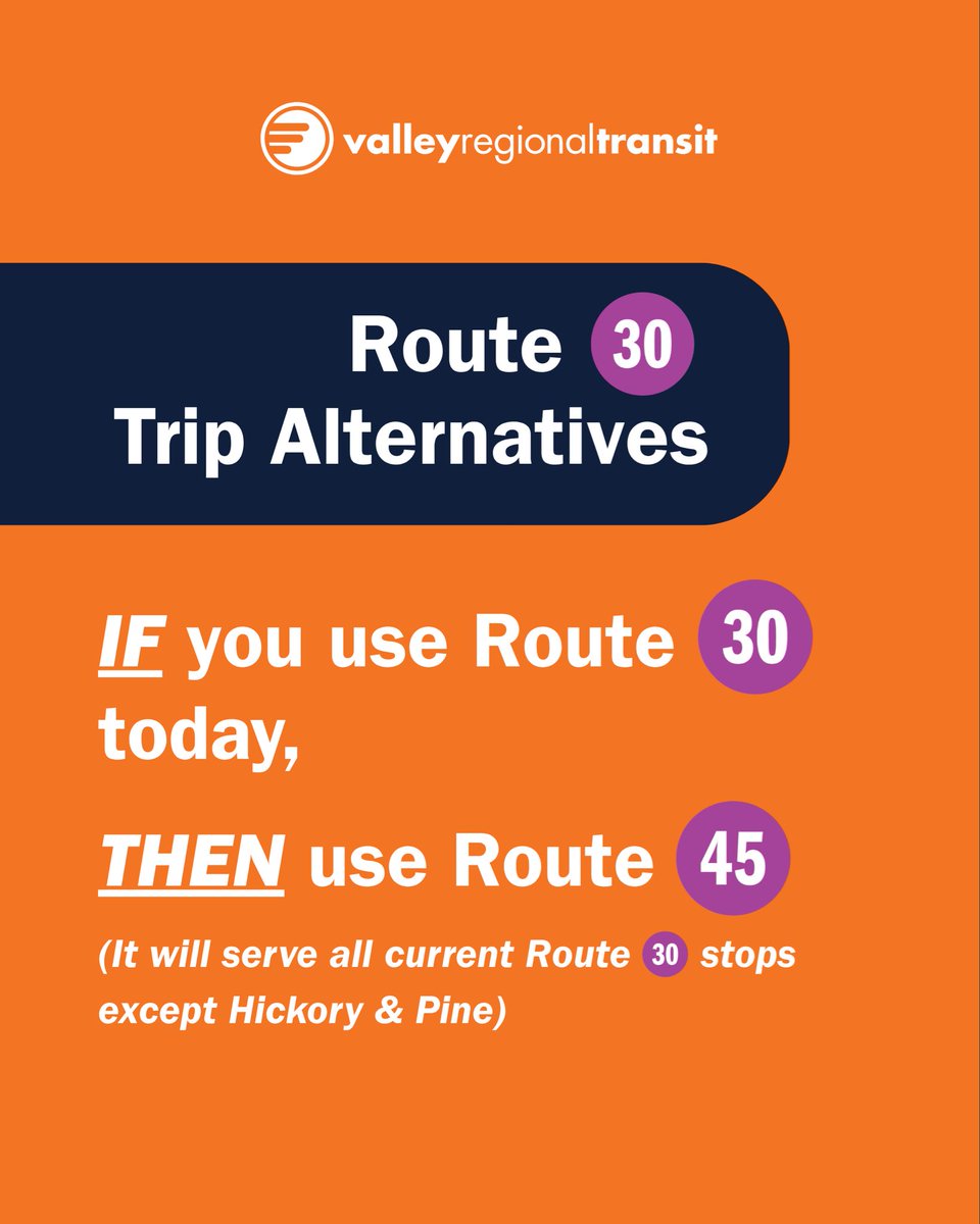 rideVRT's tweet photo. Thursday, October 1st, is Change Day 🚌

With service changes approaching, riders may need to use a different route, make a transfer, or adjust their trip.

Route 30 riders:
- Route 45 will serve all current Route 30 stops eastbound and all but Hickory &amp; Pine westbound. https://t.co/JToXnmw8wR