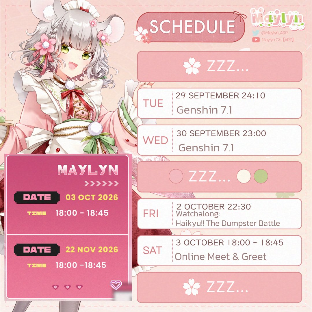 Maylyn_ARP's tweet photo. 🍡Maylyn Weekly Schedule🌸 
28 September - 4 October (GMT+7)

Link สำหรับส่ง FA: https://t.co/zMBQoSt6lP 

🍡Hashtags🌸
General: #MaylynARP 
Fan art: #MaylynArt
Meme: #MaylynMeme
Fan name: #ชินชิเลี่ยน
Asset: #MaylynAsset
ภาษาญี่ปุ่น: #MaylynJPclass

#MaylynLive #ARProject https://t.co/bqYMoVI9kM