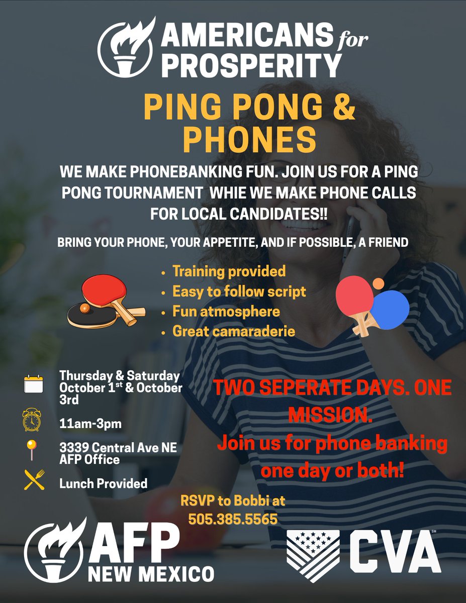 AFPNM's tweet photo. Phone banking doesn’t have to feel like work. 
Never phone banked before? No problem. Training and an easy-to-follow script will be provided, so you can jump right in.
Come for one day or both, bring your phone, and if you can, bring a friend.
RSVP to Bobbi at 505-385-5565. https://t.co/9V7V1WPr5o