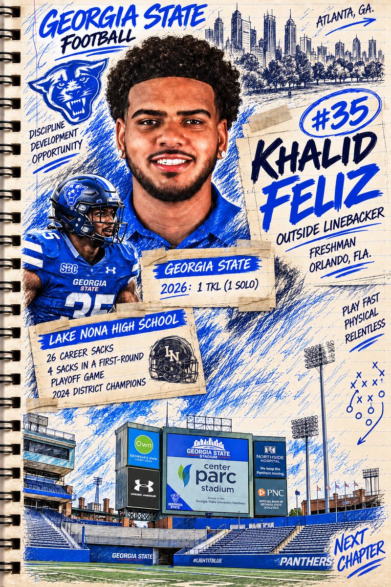 GSUPantherPulse's tweet photo. @DellMcGee @GeorgiaStateFB ! @khalidfeliz5 is a true freshman OLB out of #Orlando. He made @LNLionsFootball's playoff opponents miserable. Already on the college stat sheet with his first tackle in the opener vs N.C. A&T. His Future is bright!
#LightItBlue #NewAtlanta #GSU #GoPanthers https://t.co/4ScSofE9y5