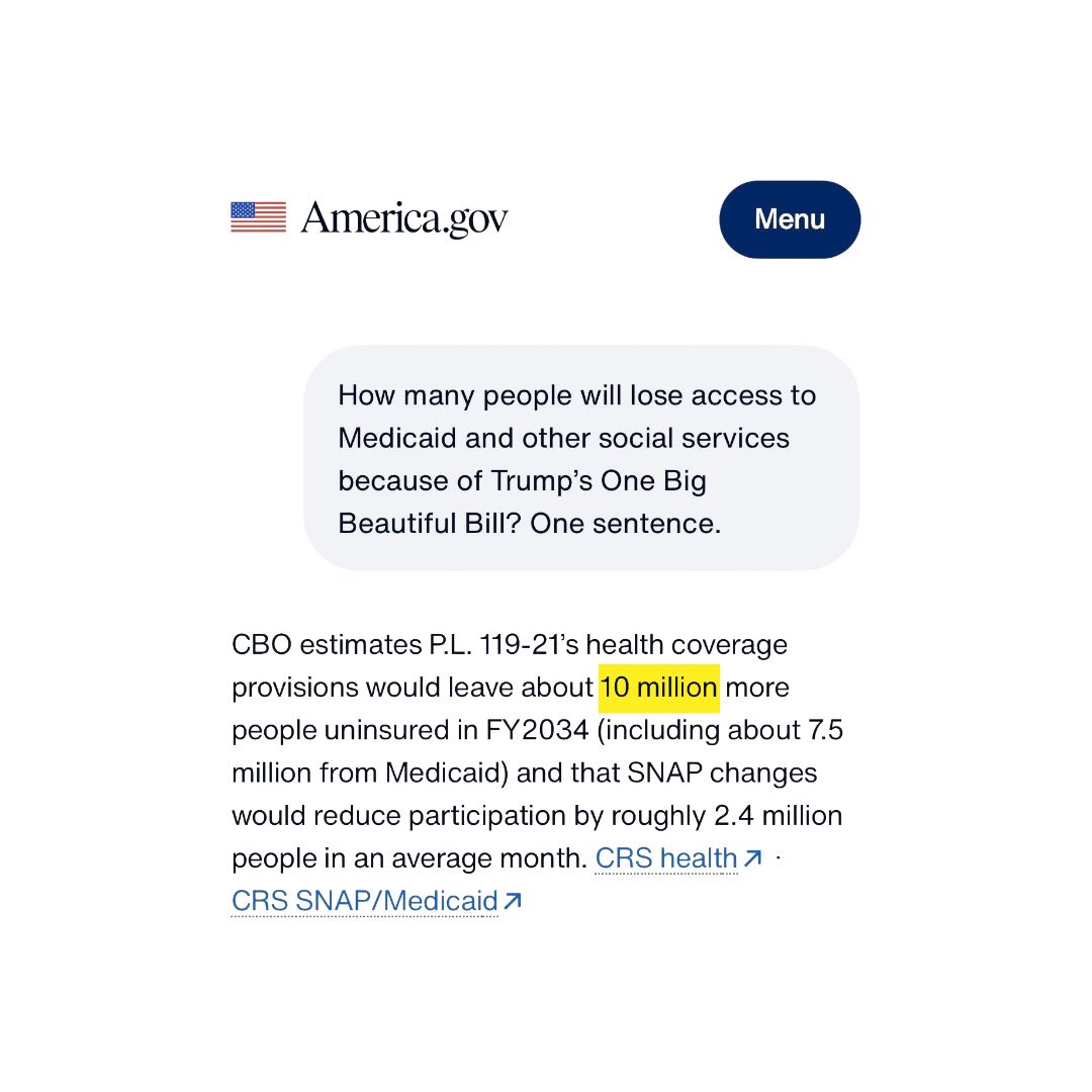 HQNewsNow's tweet photo. Trump's new AI chatbot says Trump has kicked over 10 million people off their health insurance coverage https://t.co/IkjujL15bi