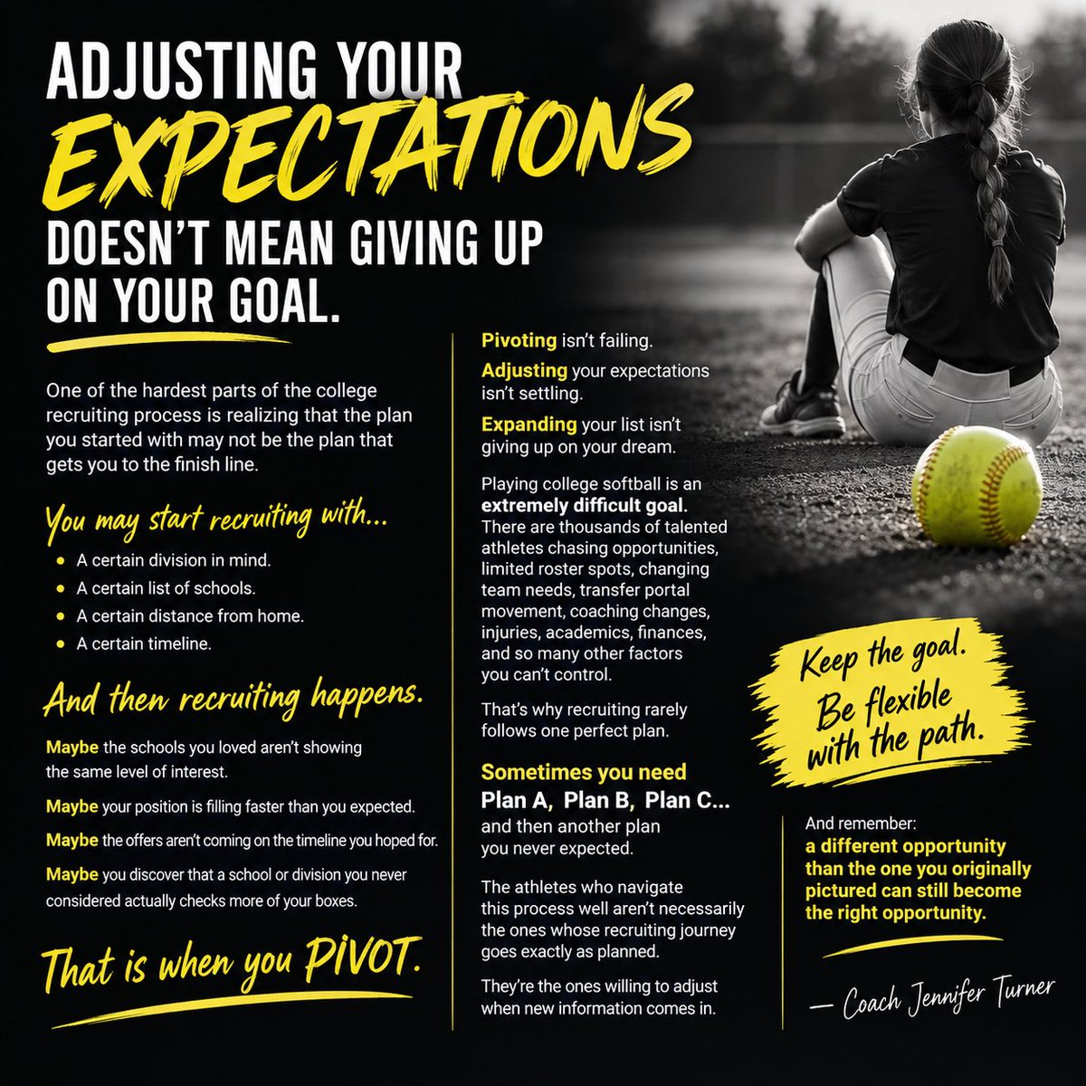 CAASoftballAdv's tweet photo. ADJUSTING YOUR EXPECTATIONS DOESN’T MEAN GIVING UP ON YOUR GOAL.

One of the hardest parts of the college recruiting process is realizing that the plan you started with may not be the plan that gets you to the finish line.

You may start recruiting with a certain division in mind.

A certain list of schools.

A certain distance from home.

A certain timeline.

And then recruiting happens.

Maybe the schools you loved aren’t showing the same level of interest.

Maybe your position is filling faster than you expected.

Maybe the offers aren’t coming on the timeline you hoped for.

Maybe you discover that a school or division you never considered actually checks more of your boxes.

That is when you PIVOT.

Pivoting isn’t failing.

Adjusting your expectations isn’t settling.

Expanding your list isn’t giving up on your dream.

Playing college softball is an extremely difficult goal. There are thousands of talented athletes chasing opportunities, limited roster spots, changing team needs, transfer portal movement, coaching changes, injuries, academics, finances, and so many other factors you can’t control.

That’s why recruiting rarely follows one perfect plan.

Sometimes you need Plan A, Plan B, Plan C…and then another plan you never expected.

The athletes who navigate this process well aren’t necessarily the ones whose recruiting journey goes exactly as planned.

They’re the ones willing to adjust when new information comes in.

Keep the goal.

Be flexible with the path.

And remember: a different opportunity than the one you originally pictured can still become the right opportunity. 🥎

— Coach Jennifer Turner