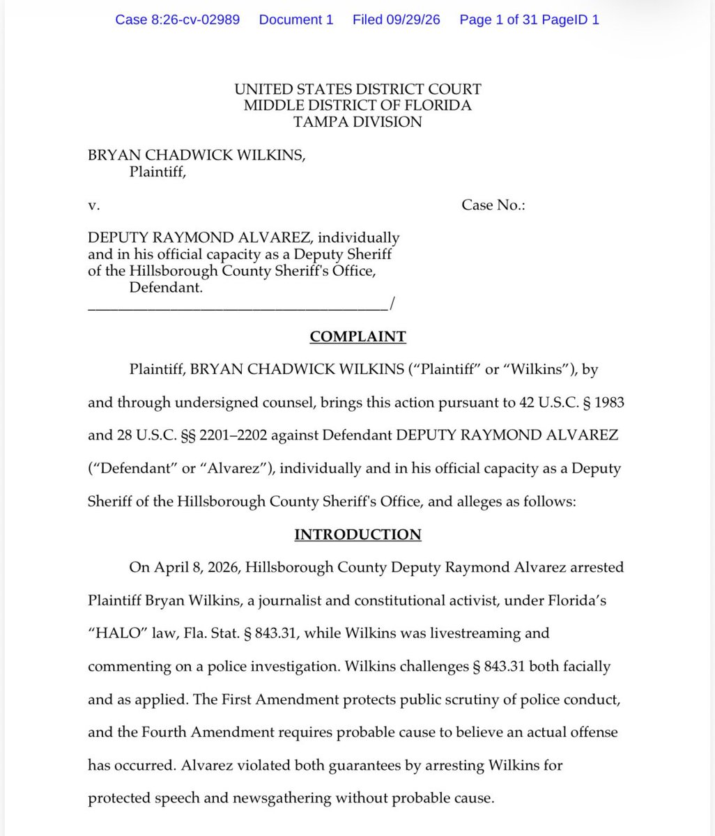 AnthonySabatini's tweet photo. JUST IN—Today we filed a lawsuit under 42 U.S.C. § 1983 against the Hillsborough County Sheriff's Office seeking to permanently enjoin Florida’s “HALO" law, Fla. Stat. § 843.31, as unconstitutional both facially and as applied.  The law violates the First Amendment because it is overbroad and the Fourteenth Amendment because it is unconstitutionally vague.
