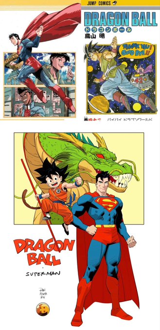 Dragon Ball and Superman crossover artwork showing Superman flying, Goku fighting, and both heroes posing together with Shenron the dragon in the background.