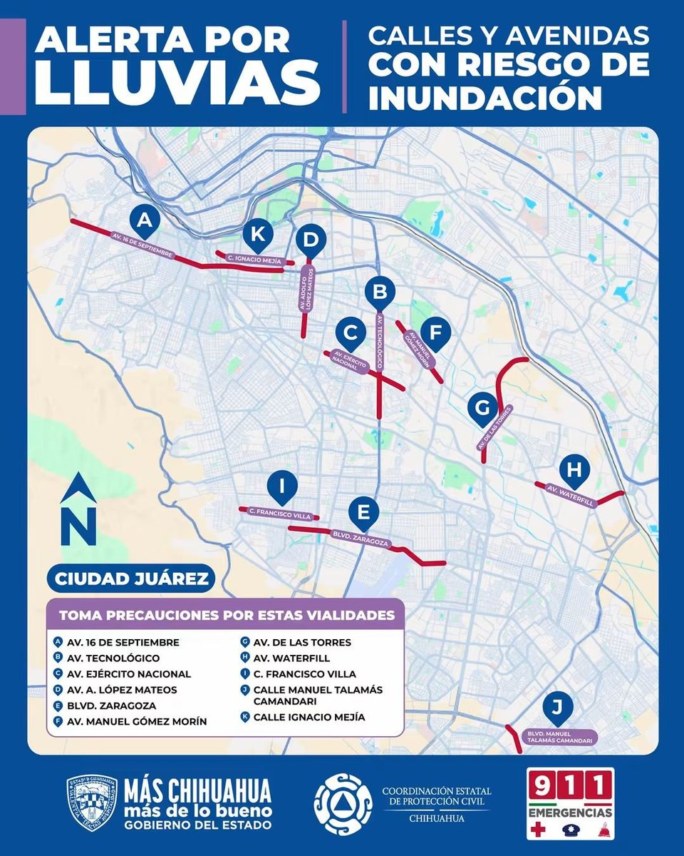 CEPC_Chih's tweet photo. ⚠️ ¡Atención, Ciudad Juárez! Alerta por lluvias.  
​Si tienes que salir, toma precauciones y evita estas vialidades principales que presentan riesgo de acumulación de agua. 
​🚗 Utiliza vías alternas y planea tus traslados con tiempo. En caso de emergencia, marca  al 911 https://t.co/4gKB6nbPnj