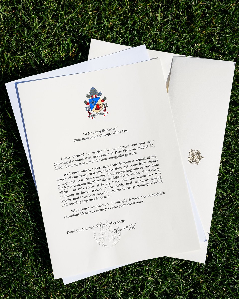 whitesox's tweet photo. Earlier today, a letter from Pope Leo XIV arrived at Rate Field. Go White Sox! https://t.co/7qPKXPrDyz