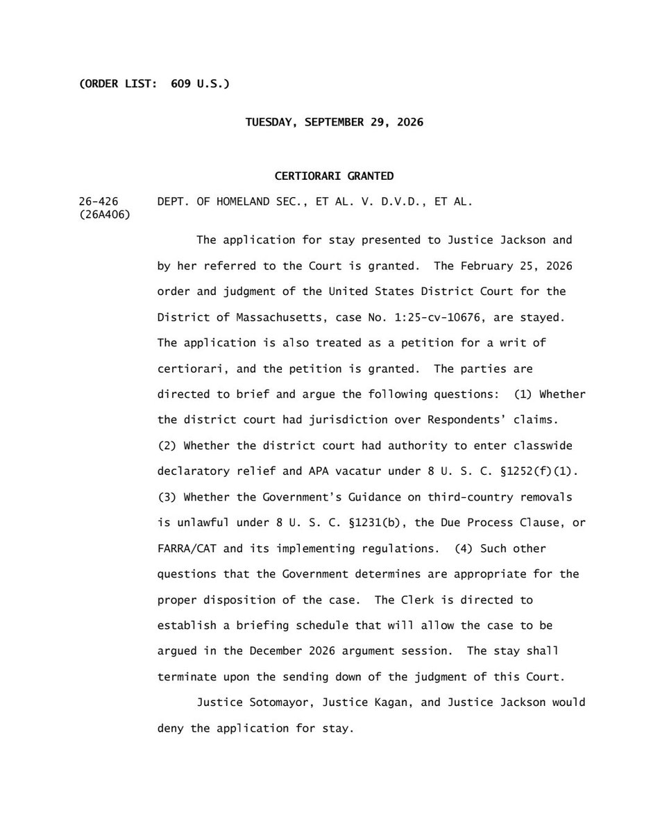 scotus_wire's tweet photo. BREAKING: The Supreme Court has temporarily allowed the Trump administration to continue deporting migrants to third countries while it hears a major challenge to the policy. Argument is set for December. https://t.co/PBh6SnL5ap