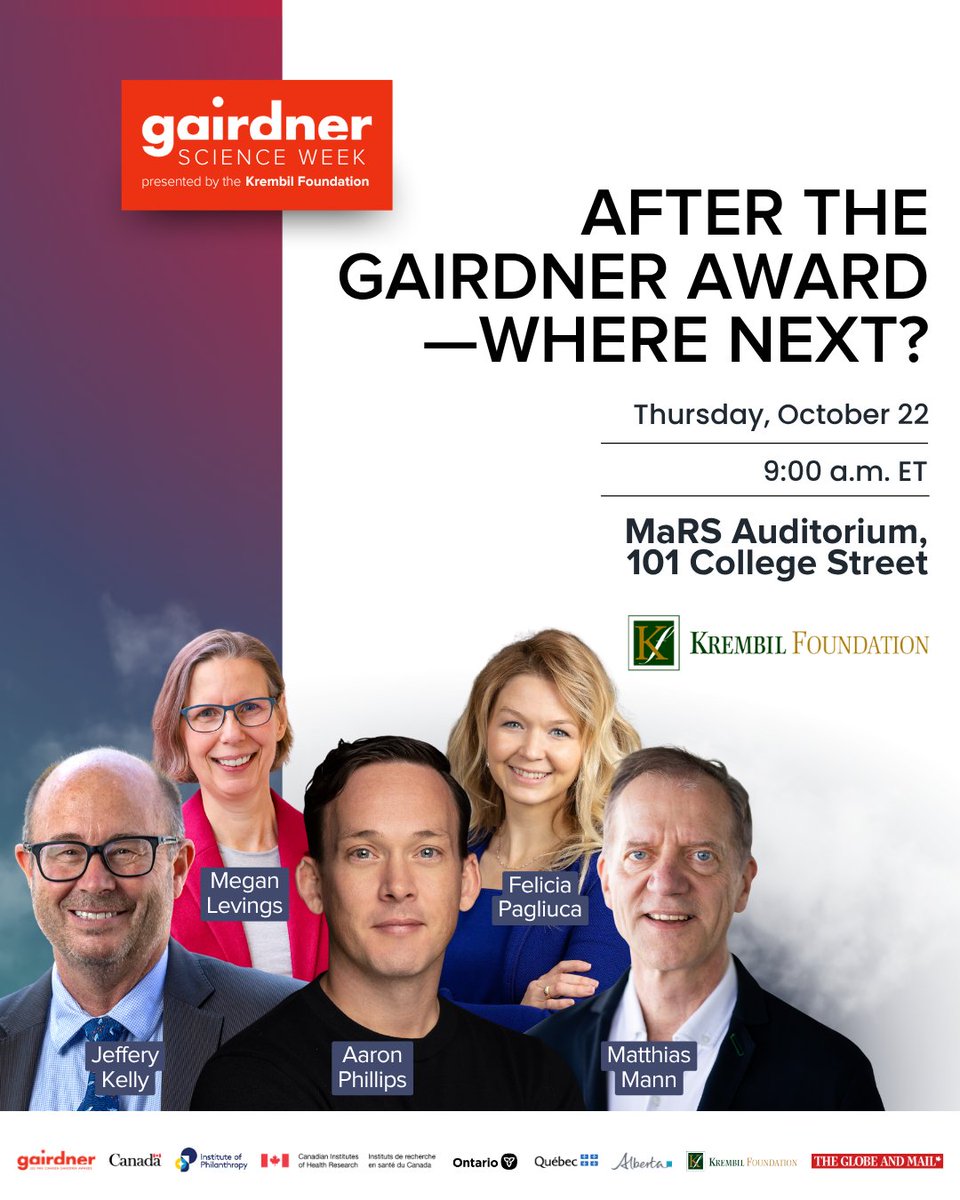 GairdnerAwards's tweet photo. We're pleased to announce the titles for each of the presentations at "After the Gairdner Award—Where Next?", taking place on October 22 as part of #GairdnerScienceWeek

📆 Thursday, October 22
⏱️ 9:00 AM ET
📍 Toronto &amp; Online
🎟️ Free

🔗 Register: https://t.co/0gU5jHhOio

(1/2) https://t.co/IKOVoDoSFD