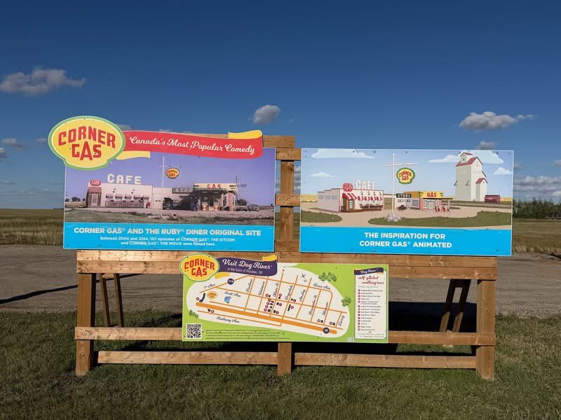 DanReynish's tweet photo. This empty lot and sign are all that remain from the location of one of Canada's greatest ever television comedies!! From 2003 until 2008, #CornerGas filmed 107 live-action episodes right here on the edge of the town of Rouleau, Saskatchewan!! #NotALotGoingOn #TravellingWithDan https://t.co/CaFITqzecy