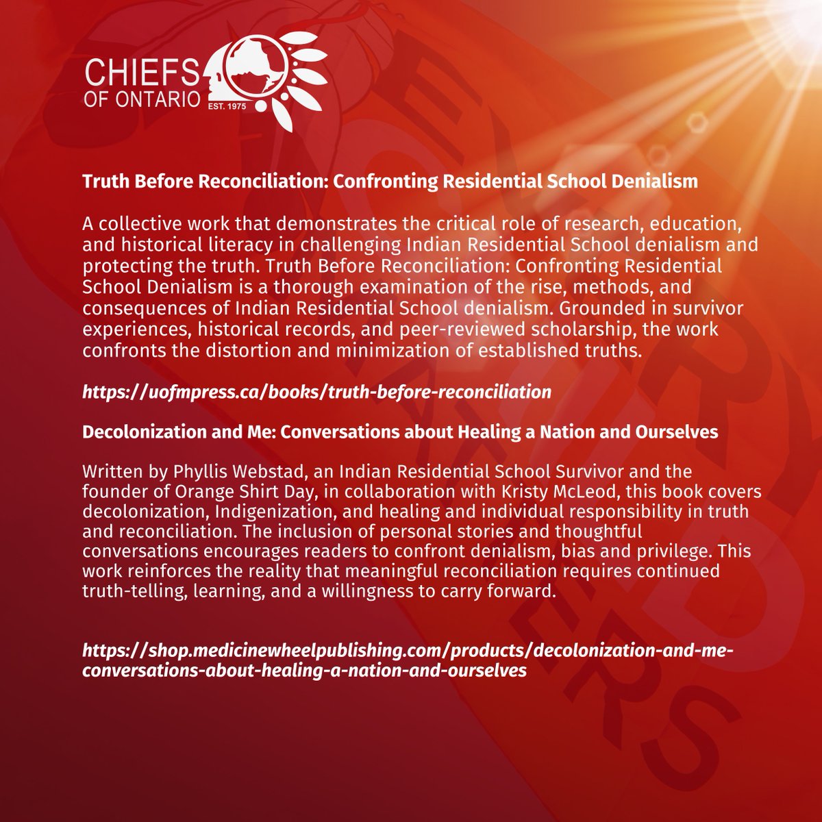 ChiefsofOntario's tweet photo. who continue to live with the intergenerational impacts of the Residential School system.

Truth must remain at the centre of reconciliation. This means listening to and honouring Survivors, preserving their testimony, supporting ongoing search and repatriation efforts, https://t.co/qDqNNSMOhd