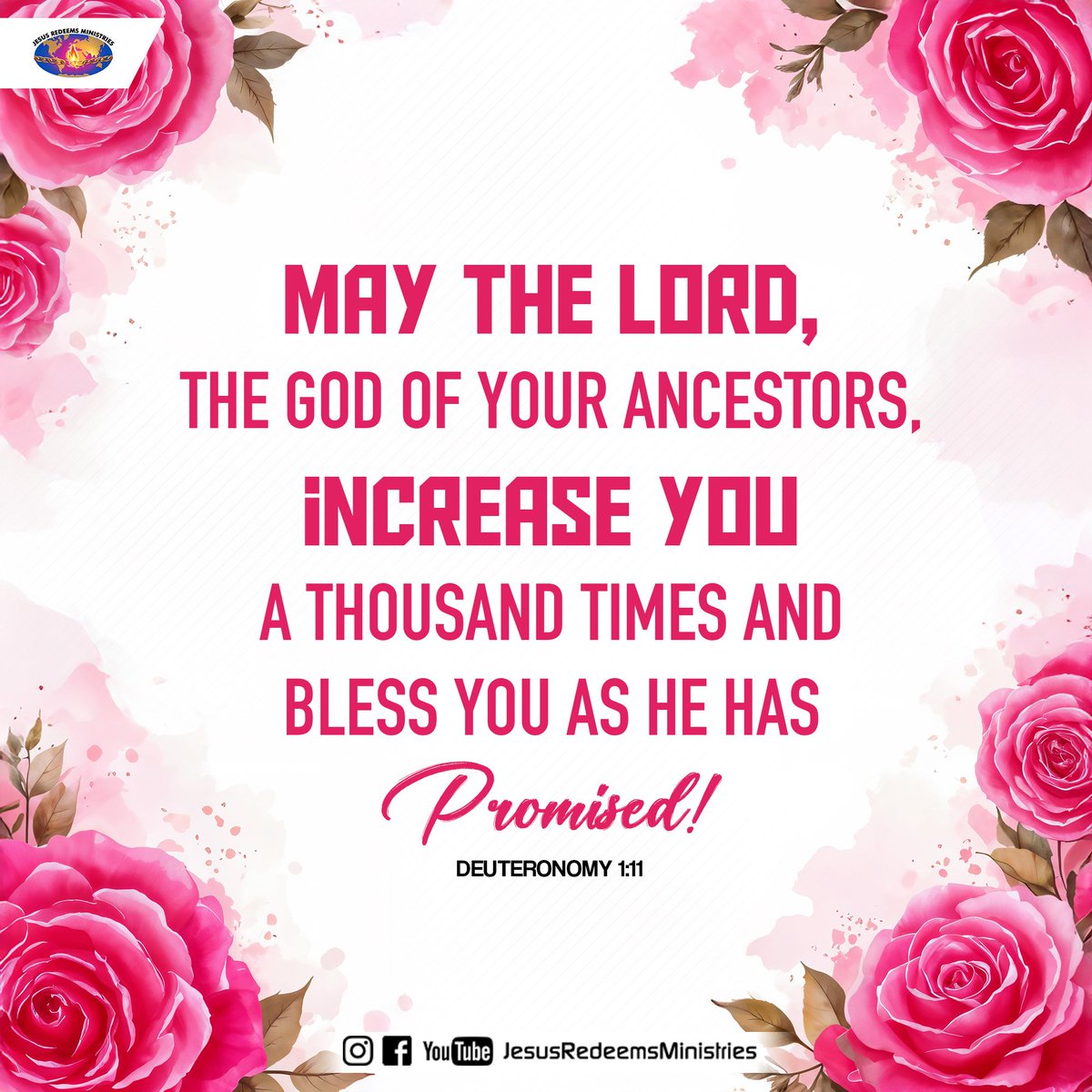 JesusRedeems_'s tweet photo. May the LORD, the God of your
ancestors, increase you a thousand times and bless you as he has promised! [NIV] Deuteronomy 1:11
.
.
.
#comforterdigitalchannel #promisesofgod #godspromise #promiseoftheday #promiseword #promiseverse #dailybibleverse #dailypost #dailydevotional https://t.co/dSNIka6txu