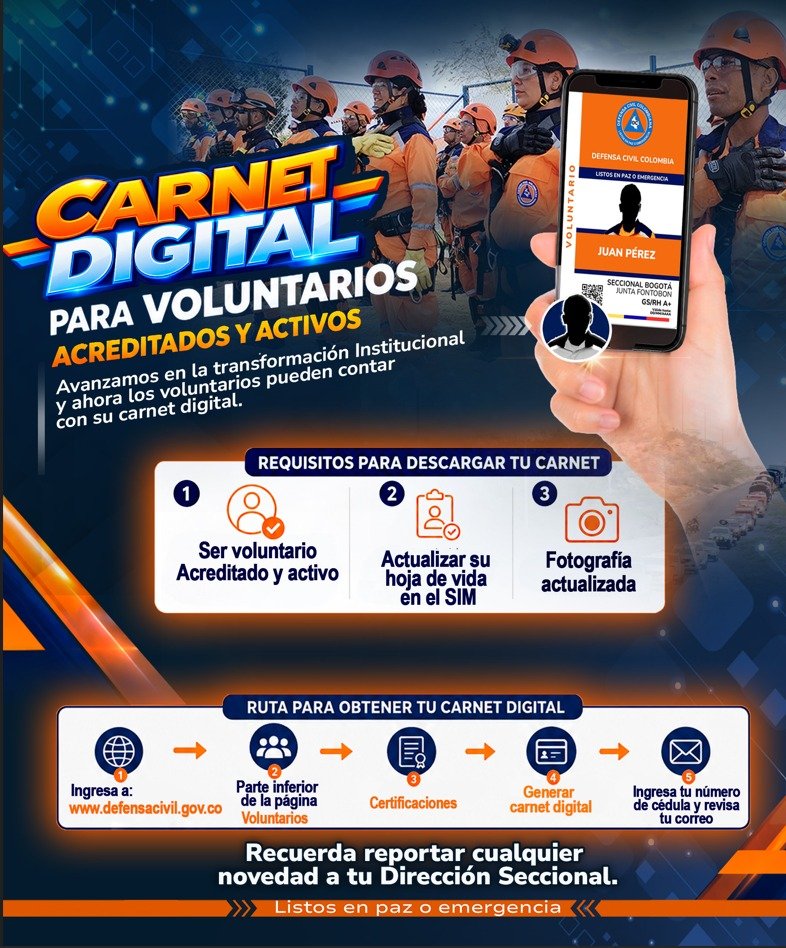 DefensaCivilHui's tweet photo. ¡Voluntario de la @DefensaCivilCo! 🚀 Obtén tu Carnet Digital rápido y seguro. Actualiza tu hoja de vida y foto en el SIM para descargarlo 👇https://t.co/X84xdZyAHC https://t.co/EDEqtFiGbM