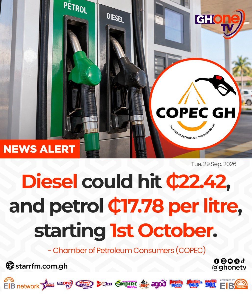 ghonetv's tweet photo. Diesel could hit ₵22.42, and  petrol ₵17.78 per litre, starting 1st October... - COPEC

#EIBNetwork #GHOneTV
#GHOneNews #NewsAlert https://t.co/gtkC49quLh