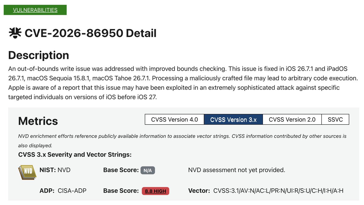 PabloSabbatella's tweet photo. 🚨Apple users: update your iOS and MacOS right now🚨
There's a Zero-Day vulnerability being actively exploited in the wild right now, in “extremely sophisticated” attack (CVE-2026-86950)
A fix for the flaw is included in iOS 26.7.1, iPadOS 26.7.1, macOS 26.7.1 and macOS 15.8.1. https://t.co/IxuWLZSvlC