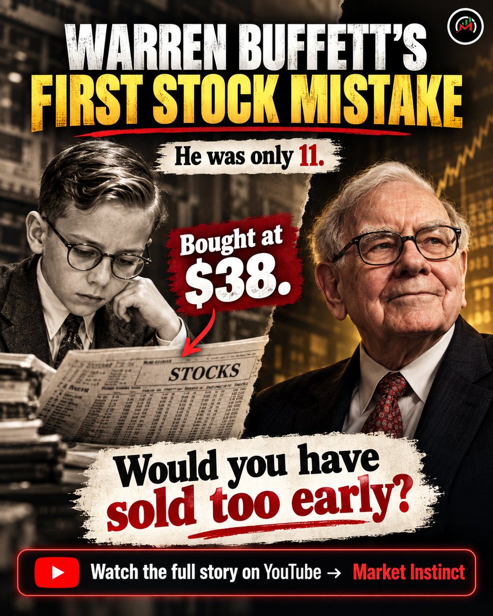 Market_Instinct's tweet photo. Warren Buffett made this mistake at 11 years old.
He bought his first stock at ~$38.
What happened next became one of his earliest investing lessons.
Would you have sold too?
▶️ Full 15-sec story:
https://t.co/CHEudsv7x8⁠�
#WarrenBuffett #Investing https://t.co/D05Inl1ydr