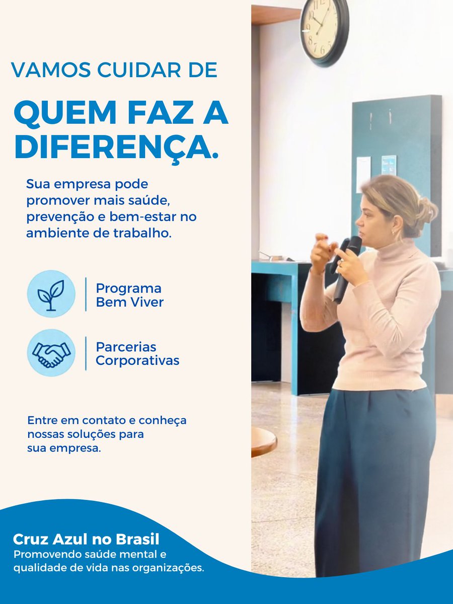 CruzAzul_BR's tweet photo. Sua empresa também pode cuidar de quem faz a diferença nela. 

Investir na saúde mental, prevenção e qualidade de vida dos seus colaboradores não é apenas um diferencial, é uma necessidade estratégica. Uma equipe saudável é mais engajada, produtiva e feliz.

A Cruz Azul no Brasil é sua parceira nessa jornada. Oferecemos soluções completas para promover o bem-estar integral no ambiente de trabalho:

✅ Saúde Mental: Apoio psicológico e conscientização.
✅ Prevenção: Ações proativas para evitar doenças.
✅ Qualidade de Vida: Promoção de hábitos saudáveis.

Vamos juntos fortalecer suas equipes através da informação, do diálogo e do cuidado. 

Entre em contato e saiba como podemos levar essas soluções para a sua empresa!

#CruzAzulnoBrasil #SaúdeMental #BemEstarnoTrabalho #QualidadeDeVida #Prevenção #RH #GestãoDePessoas #EmpresasSaudáveis #ProgramaBemViver #ParceriasCorporativas