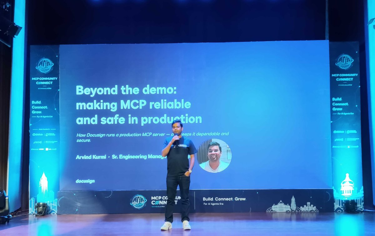 DocusignDevs's tweet photo. Huge thanks to everyone who joined us at #AgentCon Bengaluru & Chennai this past weekend! 💜

We dug into what it takes to move AI beyond the demo:

🚀 Making MCP reliable & safe in production
🤖 Building an autonomous coding agent for repetitive engineering work

The common thread? Building the guardrails, evals & feedback loops that make AI reliable in real workflows.

Thanks to @GlobAICommunity for bringing us together!

Building with AI? Keep the conversation going in the community. Ask questions, share your builds, and connect with other developers tackling similar challenges.
https://t.co/sSYGBUu2M3