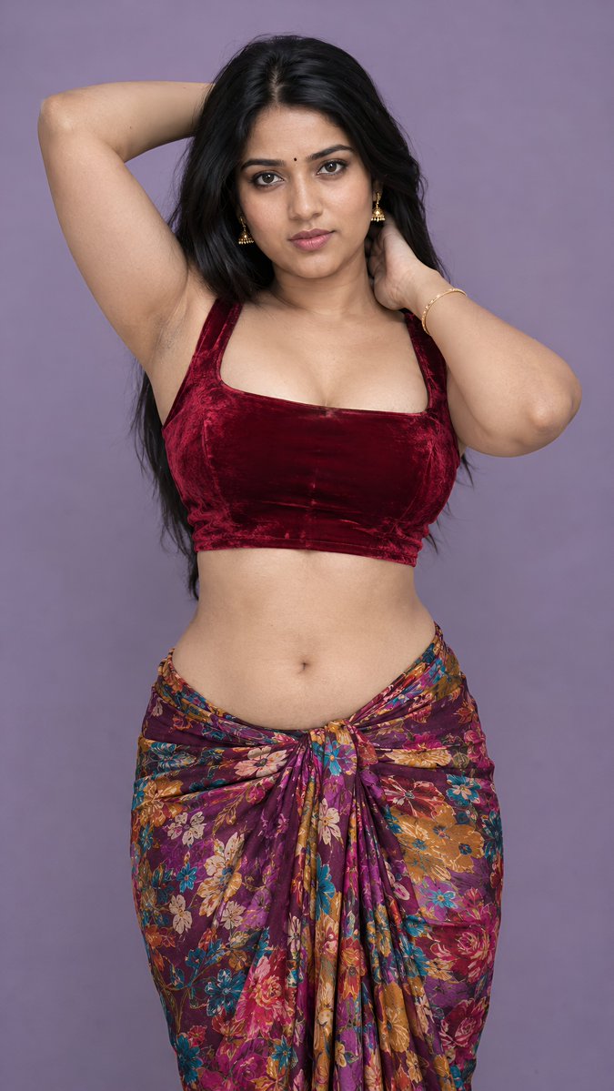 divyatepati18's tweet photo. Photorealistic 9:16 vertical portrait of an adult Indian woman reproducing the reference image with exact identity, pose, and attire.
Face & Hair
Adult Indian woman with natural warm-medium brown skin tone, realistic skin texture, fine pores, and subtle natural imperfections. Long, straight-to-slightly-wavy black hair with a natural center part, flowing around her shoulders and back. Expressive dark eyes with subtle kajal, natural dark eyebrows, a small black bindi centered on her forehead, and natural muted rosy-brown lips. Minimal, understated makeup with a calm, confident, and neutral expression. Preserve exact facial structure, identity, and natural facial proportions without smoothing or filter effects.
Outfit
Deep glossy wine-red velvet sleeveless cropped blouse with broad shoulder straps and a fitted square neckline. Visible plush velvet texture, subtle fabric highlights, and realistic folds. Midriff naturally exposed at the waist. Paired with a matching multicolored floral-patterned draped skirt wrapped around the lower body. Rich palette featuring burgundy, deep purple, magenta, mustard-gold, turquoise, and red floral motifs. Fabric gathers naturally at the front waist with visible pleats and soft drapes, matching the exact styling and color placement of the original look.
Jewelry
Small traditional gold jhumka earrings and a thin, delicate gold bangle on one wrist. Keep jewelry minimal, realistic, and completely faithful to the original style.
Pose & Framing
Standing upright facing directly toward the camera with a subtle, relaxed body curve. One arm raised behind her head with her hand resting softly near the back of her head; the other hand positioned naturally near the side of her neck, creating an elegant asymmetrical elbow silhouette. Natural posture, realistic body proportions, and physically accurate arm anatomy.
Composition & Lighting
Vertical 9:16 aspect ratio, medium-full body framing from head to just below the hips. Camera positioned at chest/eye level with zero lens distortion. Subject centered prominently against a plain, studio-style muted lavender background. Soft, broad frontal studio lighting casting gentle, realistic shadows. Subtle natural highlights on the skin, hair, and velvet fabric, creating authentic physical depth and clear dimensionality. Clean, uncluttered background free of text, props, or artifacts.
Image Quality
Photorealistic studio photograph, authentic skin texture with visible natural pores and micro-details, sharp hair strands, true fabric fibers, accurate shadow falloff, realistic color balance, cinematic dynamic range, no plastic skin, no beauty filters, no CGI effects, crisp focus, high resolution.

Rate my original created prompt 💯