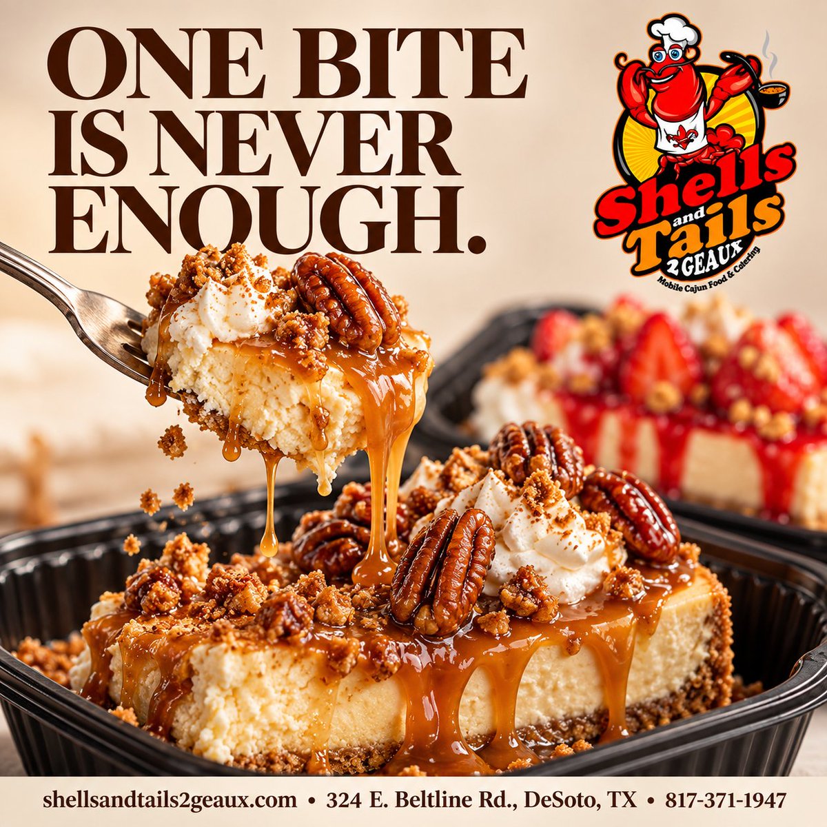 ShellsNTails2Go's tweet photo. One bite is NEVER enough! π°π€€π
π 324 E. Beltline Rd., DeSoto, TX
π 817-371-1947
π https://t.co/dekY8vB9IV
#ShellsAndTails2Geaux #OneBiteIsNeverEnough #Cheesecake #CaramelPecan #DessertLover #DeSotoTX #DeSotoEats #DFWDesserts #FoodTruckEats #DFWFoodie #SweetTreats https://t.co/KoUoRq1AuK