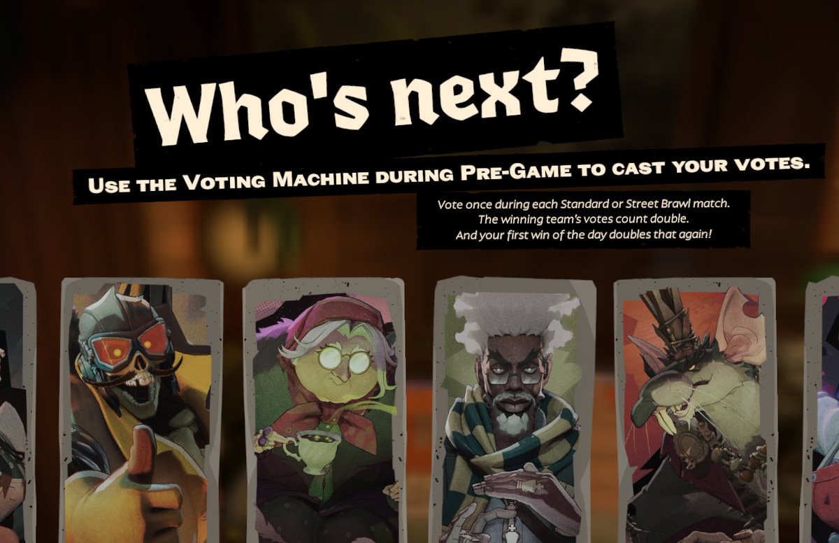 gabefollower's tweet photo. Voting for six future Deadlock heroes just started. Use the voting machine in the pre-game lobby to cast your ballot. You get one vote per Standard or Street Brawl match. The winning team’s votes count double, and your first win of the day doubles them again. #deadlock https://t.co/5an0tJD3Bg