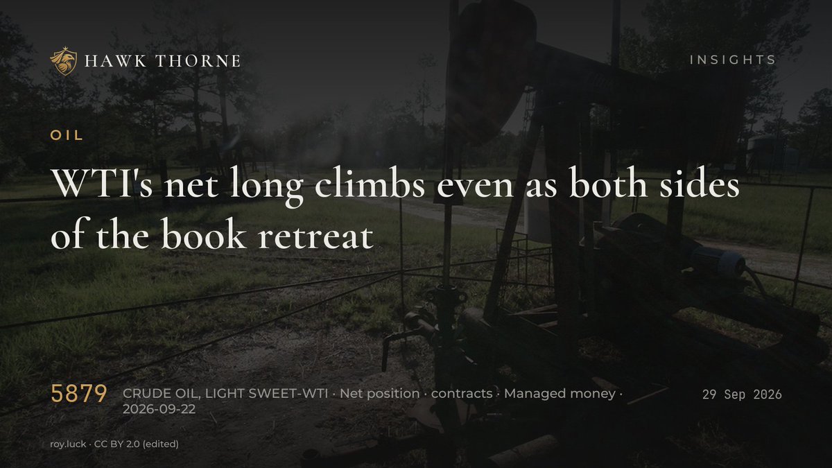 HawkThorne_'s tweet photo. 91.64. WTI's price on 29 Sep, down 3.12% over five sessions, sitting under a net long that just grew.

• Gross longs fell 2,031 contracts
• Gross shorts fell faster, 5,163 contracts
• Net position rose only because shorts covered quicker

That is not conviction being added. https://t.co/YgRQ2MSnpf