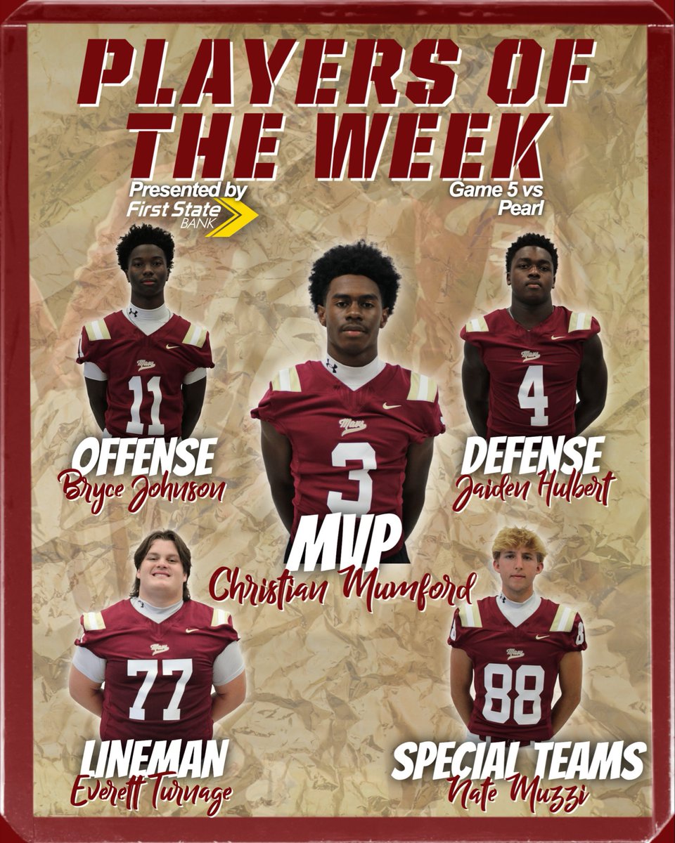 GoMavsFB's tweet photo. 🐴🏈 Players of the Game vs Pearl
Presented by First State Bank

⭐️MVP
Christian Mumford

⭐️Offensive Player of the Game
Bryce Johnson

⭐️Defensive Player of the Game
Jaiden Hulbert

⭐️Lineman of the Game
Everett Turnage

⭐️Special Teams Player of the Game
Nate Muzzi

#gomavs https://t.co/ubclsD6QBH