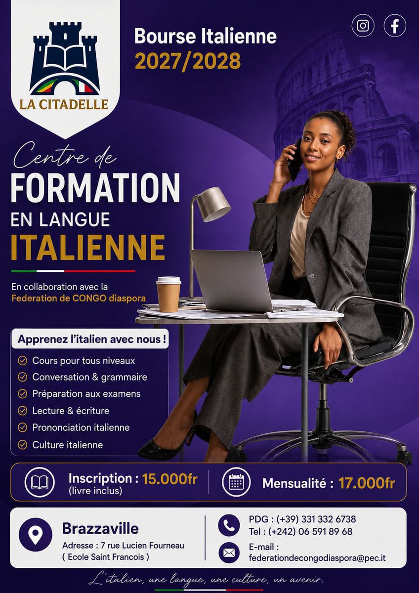 FediCongo_'s tweet photo. 🇮🇹 ÉTUDES EN ITALIE 2027/2028 ? PRÉPAREZ-VOUS DÈS MAINTENANT ! 🇨🇬

#LaCitadelle #FederationDeCongoDiaspora
#LeLeadershipDeTadde
#Brazzaville
#UnisPourLeCongo
#Congo https://t.co/phLBbpKTKe