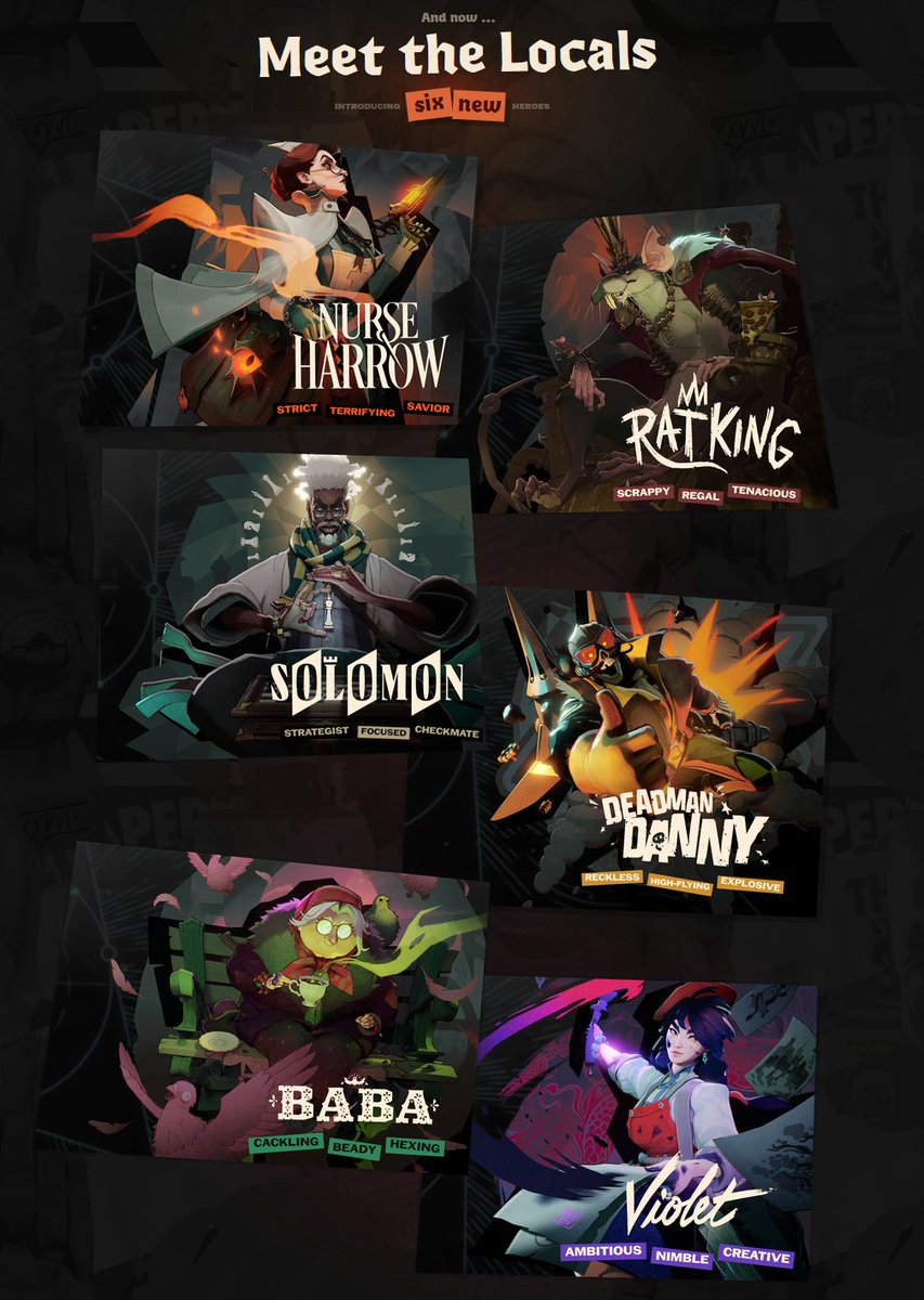 DeadlockAir's tweet photo. 6 NEW Heroes... 

➕ Nurse Harrow
🐀 Rat King
♟️ Solomon
💀 Deadman Danny
🐦‍⬛ Baba
🖌️ Violet https://t.co/ZHJHN4dAG4