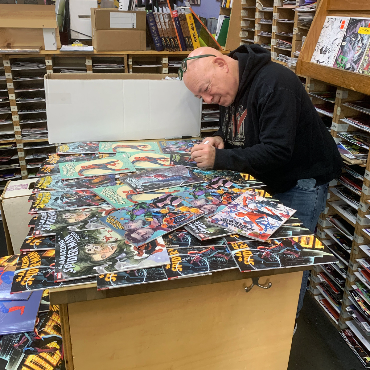 cosmicmonkey's tweet photo. @MarvelComicsHQ's Spider-Man #1000. Tomorrow. With a special signature... if you hit the store soon enough. Open at 11am, and thanks for supporting your very own Cosmic Monkey #Comics! https://t.co/5zn82QDVST