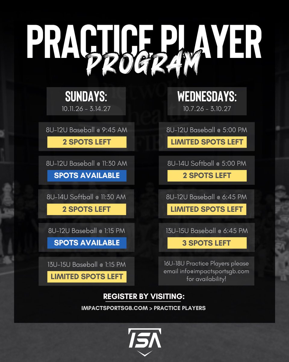 ImpactSportsGB's tweet photo. 🚨Practice Player Program🚨

We’ve officially opened up a few spots in each session and the countdown is on! Practice Players kicks off in ONE WEEK!⏰ 

The time is now! Don’t miss your chance to sign up for elite off-season training, experienced coaching, & memories that will #makeanimpact on your game!

Register at https://t.co/X1XkkS7UKU > Practice Players

Email info@impactsportsgb.com with any questions!