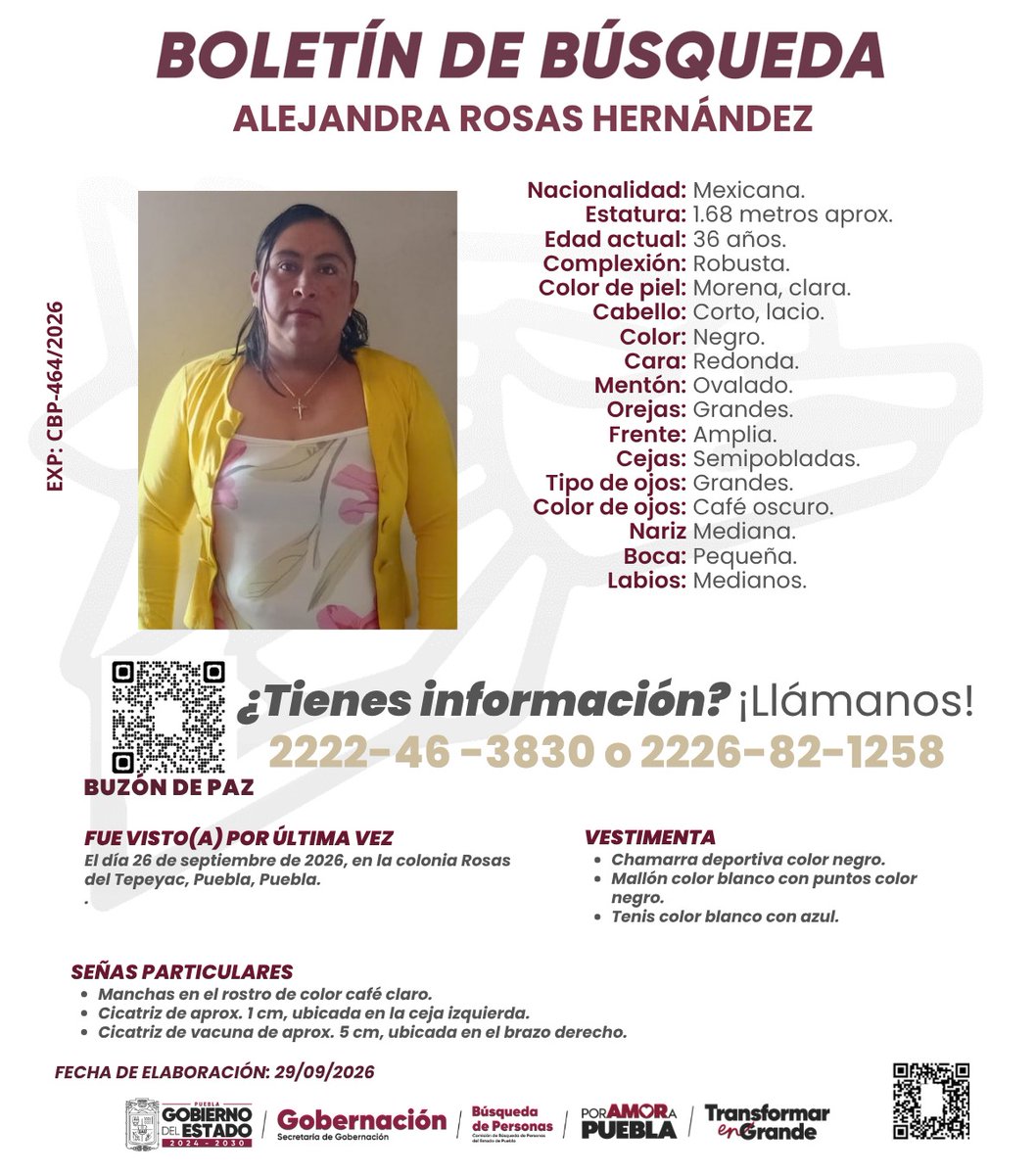 busquedagobpue's tweet photo. Solicitamos su colaboración para la pronta localización de Alejandra Rosas Hernández, vista por última vez en el municipio de Puebla, Puebla.                                                                                                                                             
¿Tienes información? ¡Llámanos! 2226821258