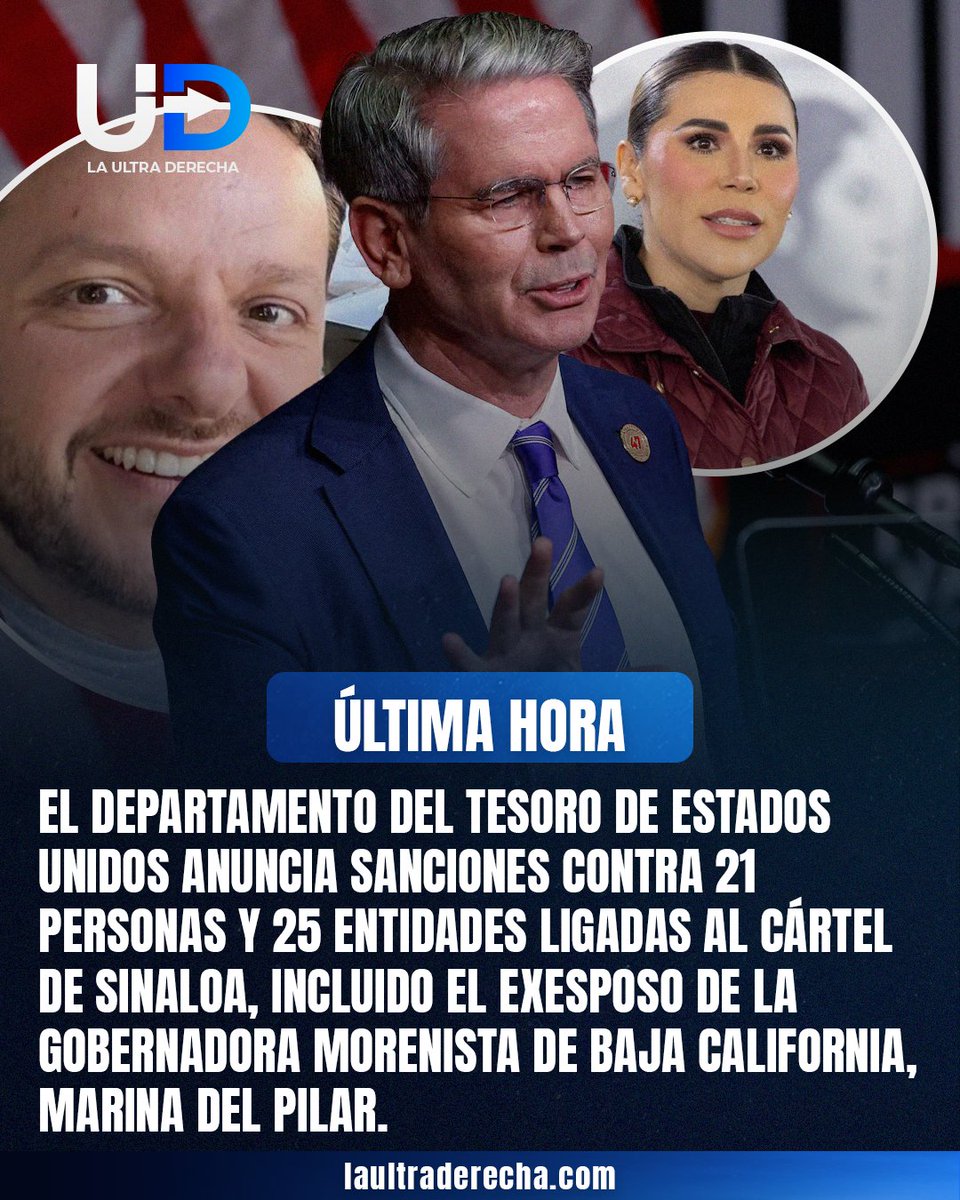 LUltraDerecha's tweet photo. 🇺🇸|🚨 #ÚLTIMAHORA ¡MORENA EN LA LUPA! El Departamento del Tesoro de Estados Unidos sancionó a 21 personas y 25 entidades vinculadas a la red de Los Mayos del Cártel de Sinaloa.

Entre los sancionados aparece Carlos Torres Torres, exesposo de la gobernadora morenista de Baja California, Marina del Pilar. El Tesoro estadounidense lo señala por su presunta afiliación y trabajo en favor del Cártel de Sinaloa.