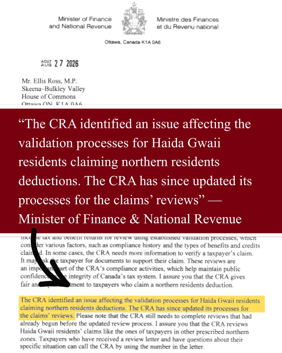 ellisbross's tweet photo. "The CRA identified an issue affecting the validation processes for Haida Gwaii residents claiming northern residents deductions".

However, the reviews still must be completed.

If you are under review, please reach out to our office at Ellis.Ross@parl.gc.ca or 250-877-0037 and we would be happy to assist you in this process.
